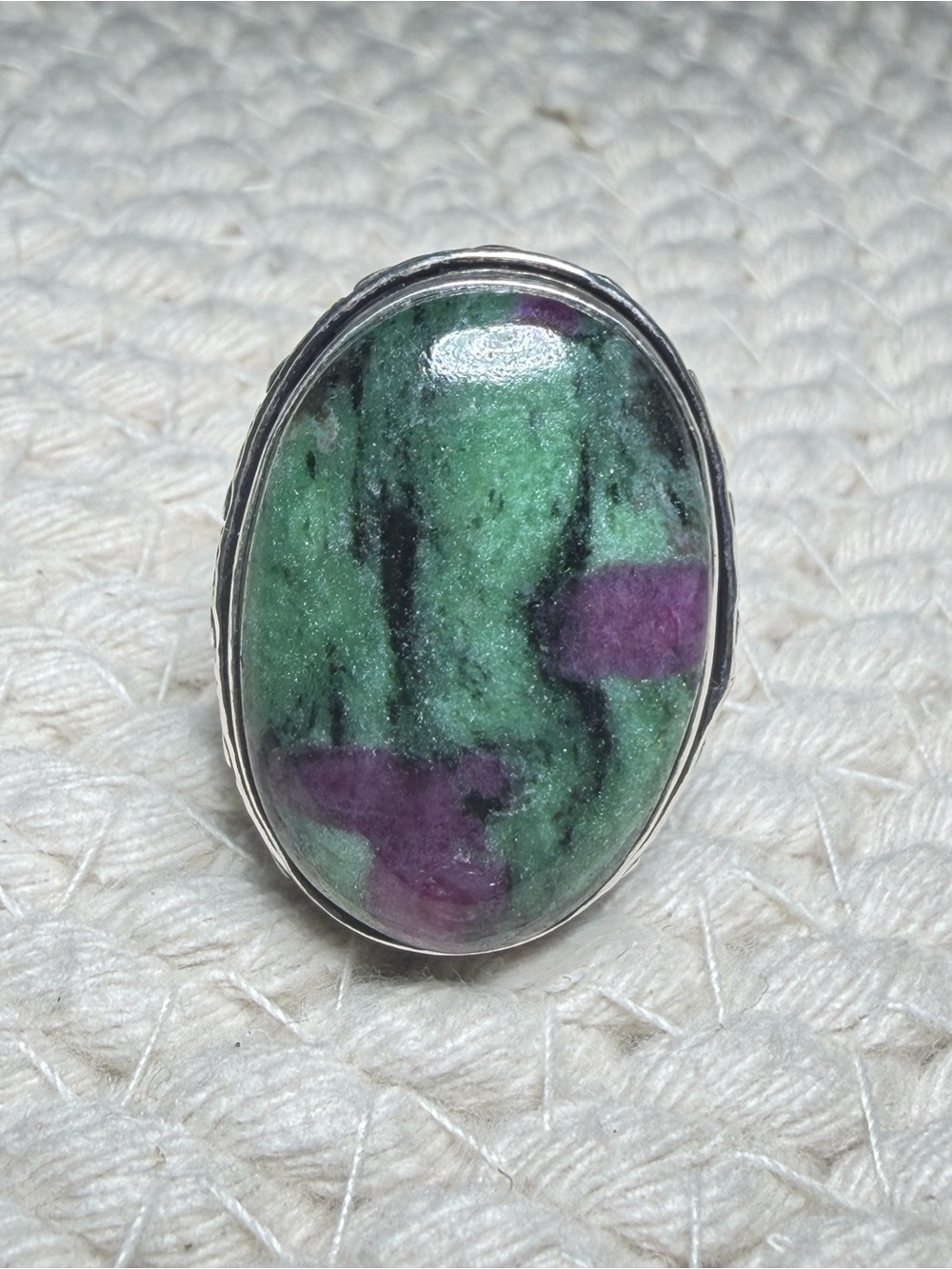 Ruby Zoisite Ring Natural Stone Adjustable OOAK Oval Ring